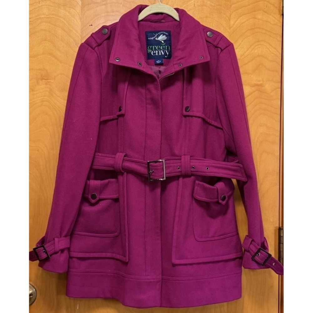 Green with Envy Womens Wool Blend Belted Trench Coat Jacket Mulberry Sz XL